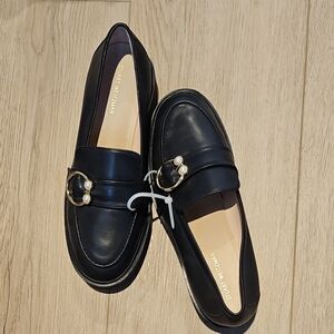 Stuart Weitzman Black Leather Loafers with Pearl Detail
